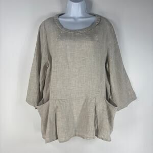 Yuvita Women's Top M Beige 100% Linen 3/4 Sleeve Lagenlook Coastal Boho